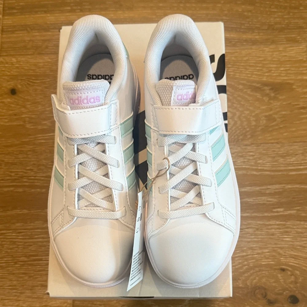 Adidas Kids White Sneakers with Mint Stripes